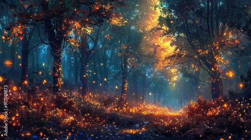 A serene forest scene where trees have glowing leaves and enchanted creatures wander amidst the ordinary flora and fauna