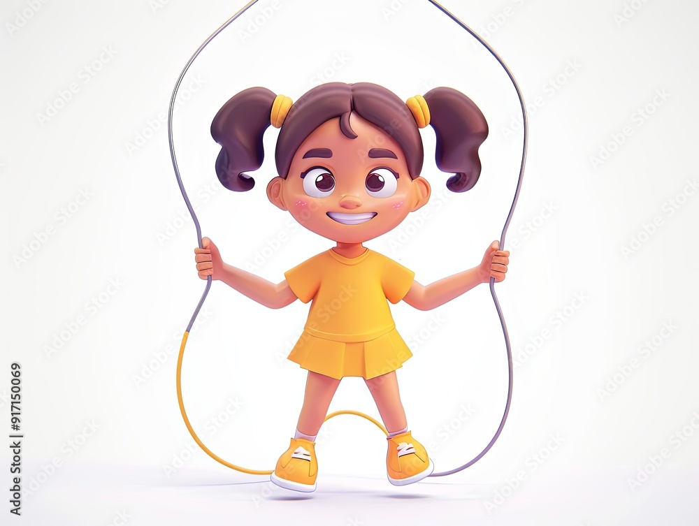 A 3D-rendered cartoon girl character joyfully jumping with a skipping rope, with her hair flying back and a big smile on her face on a white background. A 3D-rendered cartoon girl character joyfully jumping with a skipping rope, with her hair flying back and a big smile on her face on a white background.