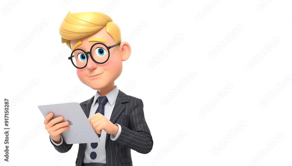 A young blonde Caucasian boy wearing glasses and a suit, holding a tablet device and smiling A young blonde Caucasian boy wearing glasses and a suit, holding a tablet device and smiling