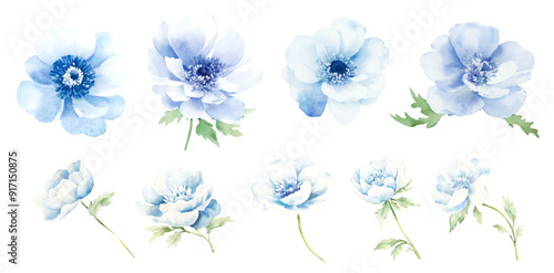Watercolor vector wedding seasonal flowers. Floral watercolor set, blue and green flowers like peonies roses, Spring minimal blue flowers, soft colors, boho style