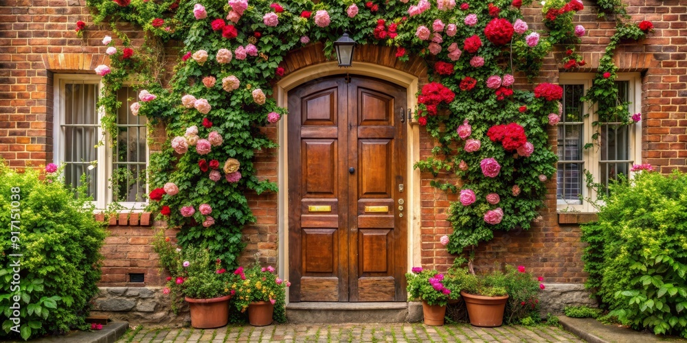 A brick building's entrance adorned with vibrant pink and red roses, wooden door, windows, and potted plants. , brick, door, roses A brick building's entrance adorned with vibrant pink and red roses, wooden door, windows, and potted plants. , brick, door, roses