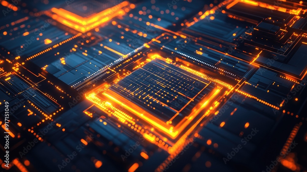 Obraz premium Abstract geometric shapes and patterns with digital circuits and glowing elements