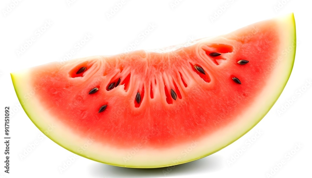 A close-up of a juicy red watermelon slice with black seeds, on a white background A close-up of a juicy red watermelon slice with black seeds, on a white background