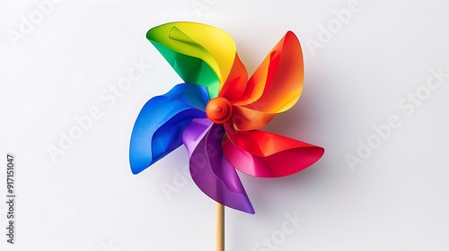 A rainbow-colored pinwheel spinning gently on a white background. photo