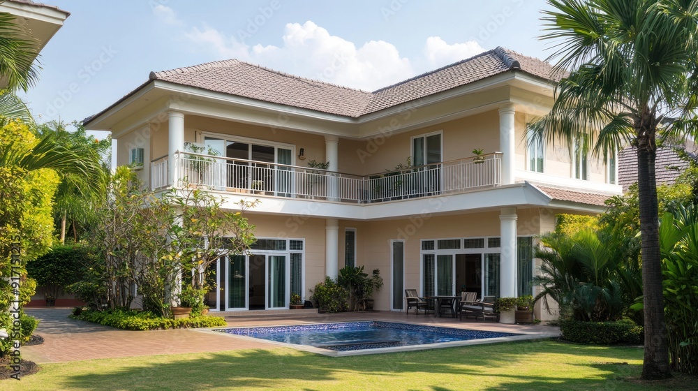 Fototapeta premium Two-story home with a swimming pool in the backyard.
