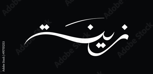 Modern calligraphy displaying "Zeina" meaning "adornment" or "decoration" in English. Ideal for female names or as a stylish emblem for fashion, jewelry, or floral brands.