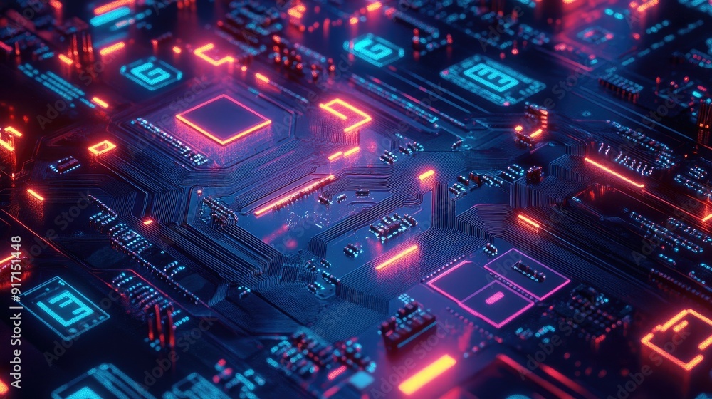 Abstract top view of a technology circuit board with vibrant neon highlights Abstract top view of a technology circuit board with vibrant neon highlights