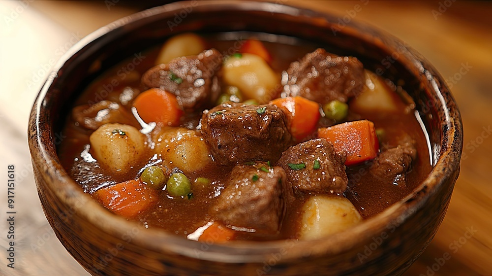Classic beef stew with hearty chunks of meat and vegetables in a rustic bowl Classic beef stew with hearty chunks of meat and vegetables in a rustic bowl