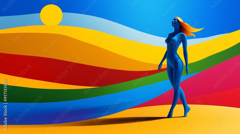 A woman is walking on a beach with a colorful background. The woman is wearing a blue outfit and is barefoot. The background is a mix of colors, creating a vibrant and lively atmosphere