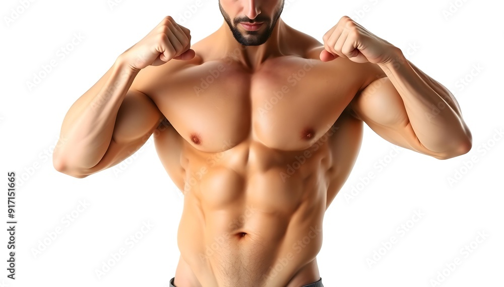 Muscular shirtless man with a beard, posing with his arms raised Muscular shirtless man with a beard, posing with his arms raised