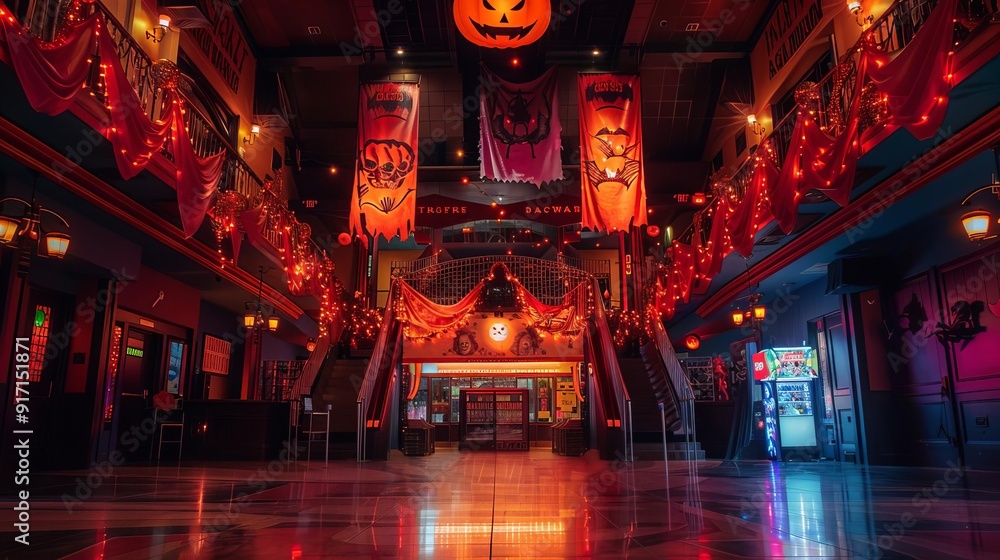 A theater lobby decorated with Halloween banners, a makeup booth, and eerie instrumental music playing A theater lobby decorated with Halloween banners, a makeup booth, and eerie instrumental music playing