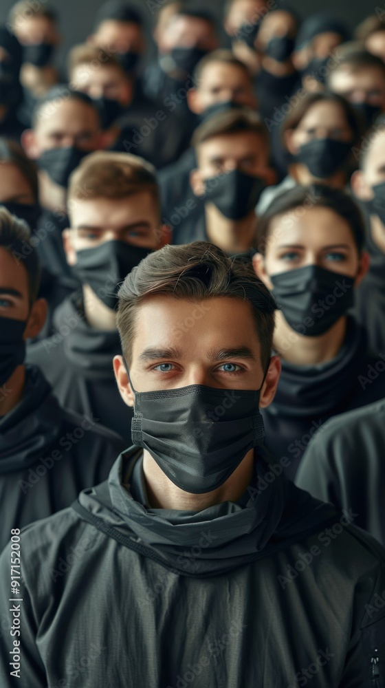 A group of people wearing black masks and hoodies. Scene is serious and somber A group of people wearing black masks and hoodies. Scene is serious and somber