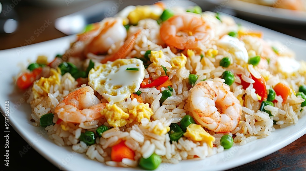 Classic fried rice with vegetables, eggs, and shrimp on a white plate Classic fried rice with vegetables, eggs, and shrimp on a white plate