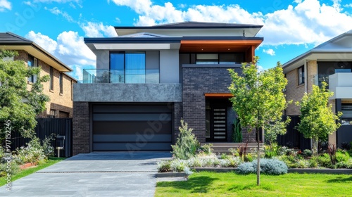 Modern two-story house with a black garage door and a large front yard with landscaping.