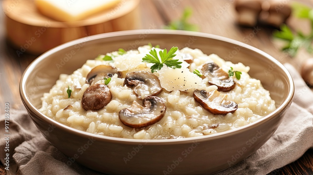 Delicious and creamy risotto with mushrooms and parmesan cheese Delicious and creamy risotto with mushrooms and parmesan cheese