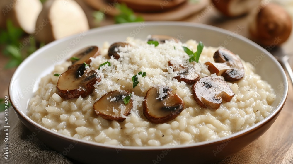 Delicious and creamy risotto with mushrooms and parmesan cheese Delicious and creamy risotto with mushrooms and parmesan cheese