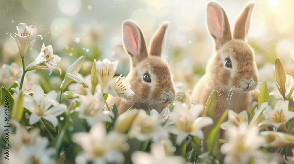 Two Adorable Bunnies Hiding in a Field of White Lilies Two Adorable Bunnies Hiding in a Field of White Lilies