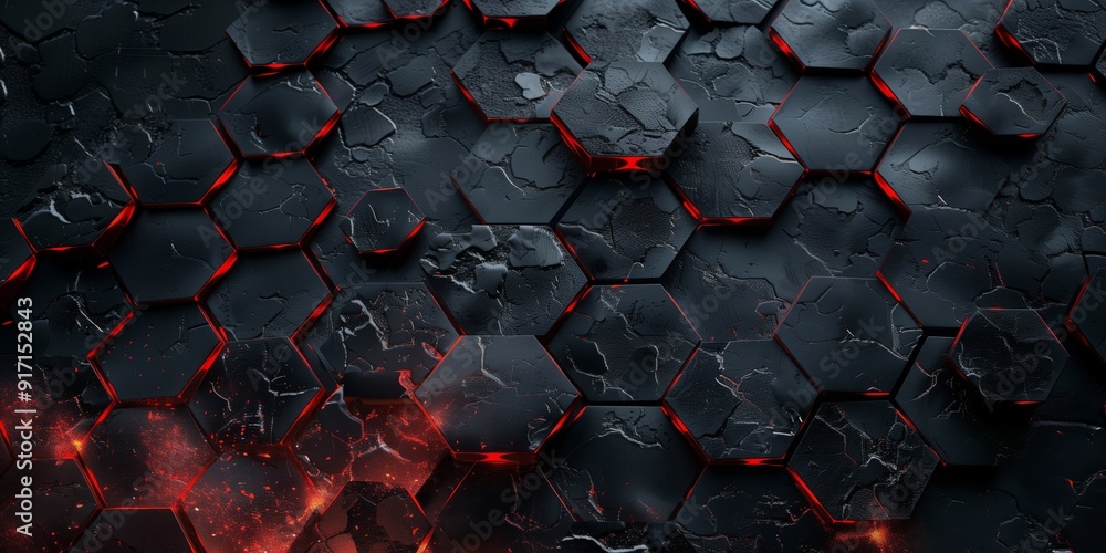 Fototapeta premium Abstract background with cracks and hexagonal patterns in black and red tones, textured elements, futuristic style.