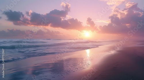 clouded sunrise over an empty beach, gentle hues and calm waters 32k, full ultra hd, high resolution