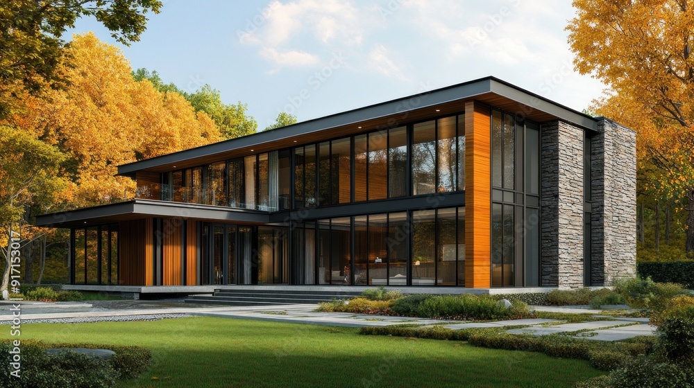 Modern house with large windows and stone facade surrounded by green grass and trees. Modern house with large windows and stone facade surrounded by green grass and trees.