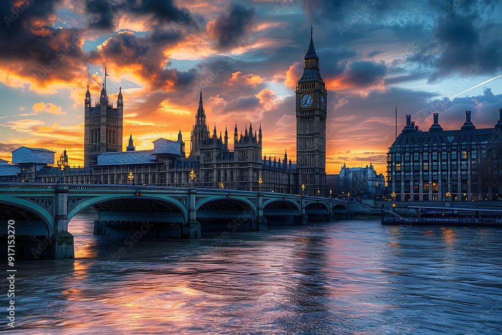 Fototapeta premium Dramatic sunset over a bridge and iconic building with clock tower.