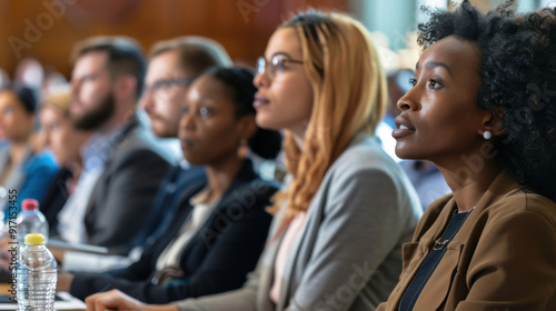 Diverse professionals debating key topics at a business seminar