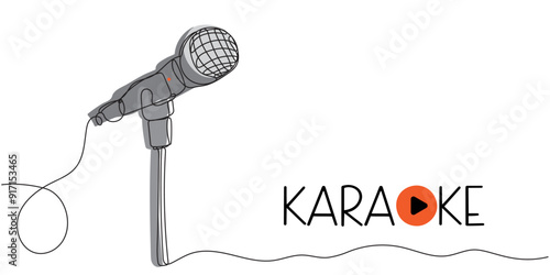 Continuous one line drawing of karaoke microphone. Vector karaoke party invitation flyer poster design template for your event.