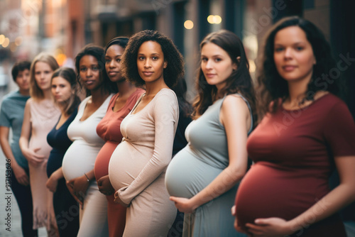 Pregnant women together outdoors, showing the strength of the pregnant woman. Pregnant day