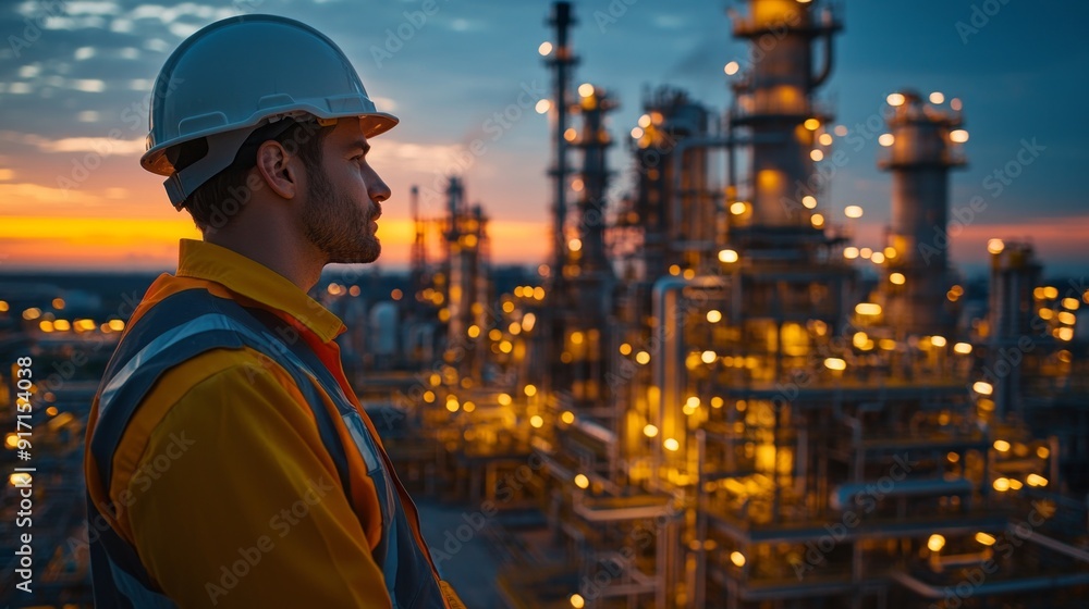 A man in a yellow vest stands in front of a large industrial plant A man in a yellow vest stands in front of a large industrial plant