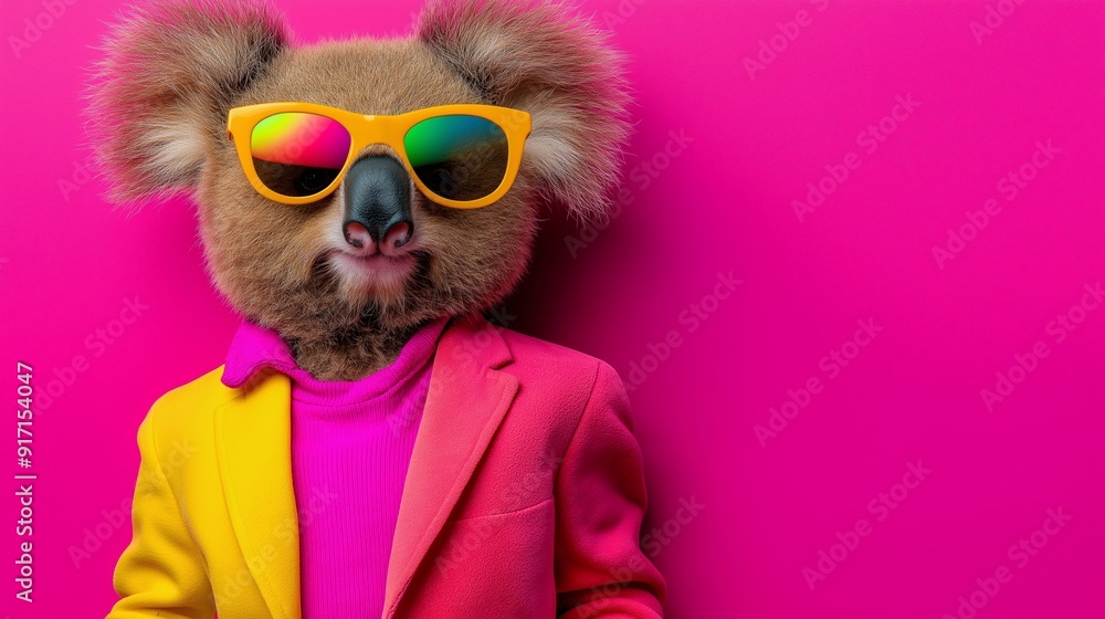 A cartoonish bear wearing sunglasses and a suit is standing in front of a pink background. The bear's outfit is bright and colorful, giving the image a fun and playful mood A cartoonish bear wearing sunglasses and a suit is standing in front of a pink background. The bear's outfit is bright and colorful, giving the image a fun and playful mood
