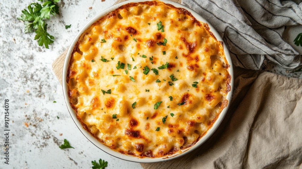 Overhead shot of a cheesy baked macaroni with a golden crust Overhead shot of a cheesy baked macaroni with a golden crust