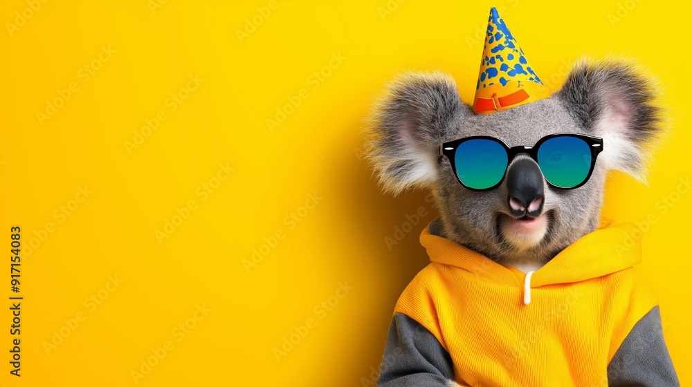 Fototapeta premium A cartoon koala wearing sunglasses and a party hat. The koala is wearing a yellow hoodie and is smiling
