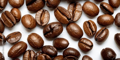 Macro Shot of Roasted Coffee Beans on White Background