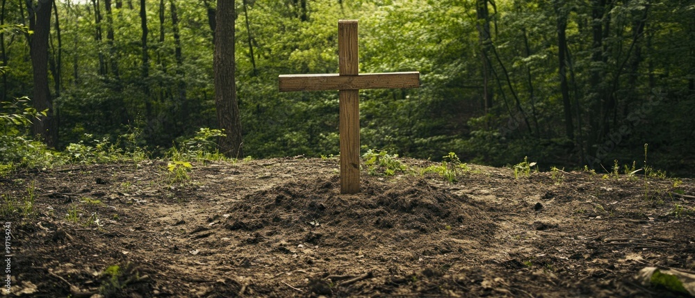 Wooden Cross Standing Alone in a Forest Clearing Wooden Cross Standing Alone in a Forest Clearing
