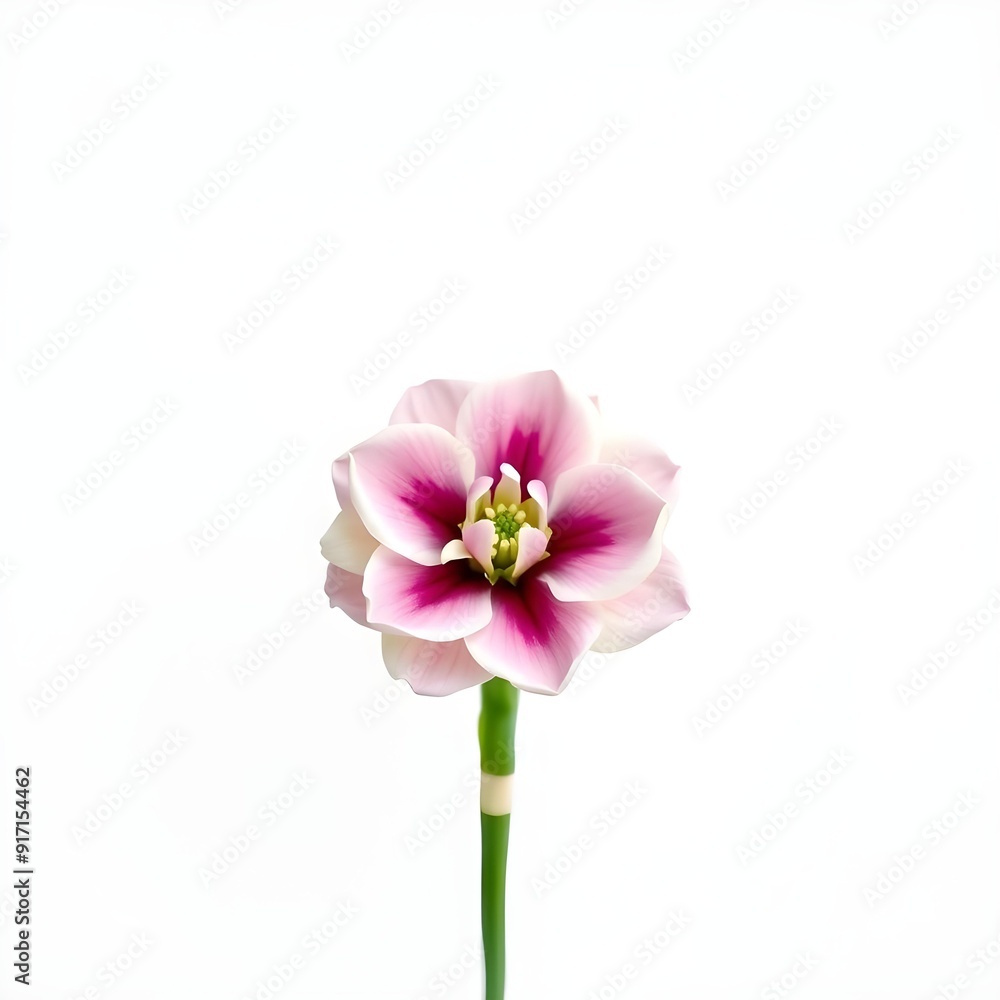 Fototapeta premium A pink and white flower with a yellow center on a green stem against a plain white background