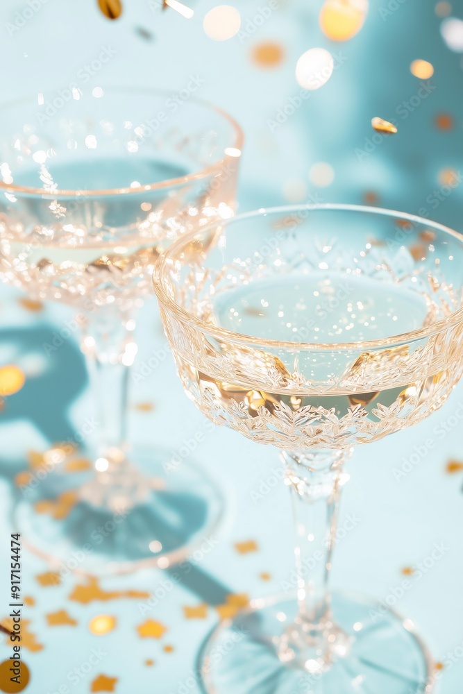 Obraz premium elegant vintage cut crystal champagne glasses filled with sparkling champagne casting intricate shadows on a pastel blue surface
