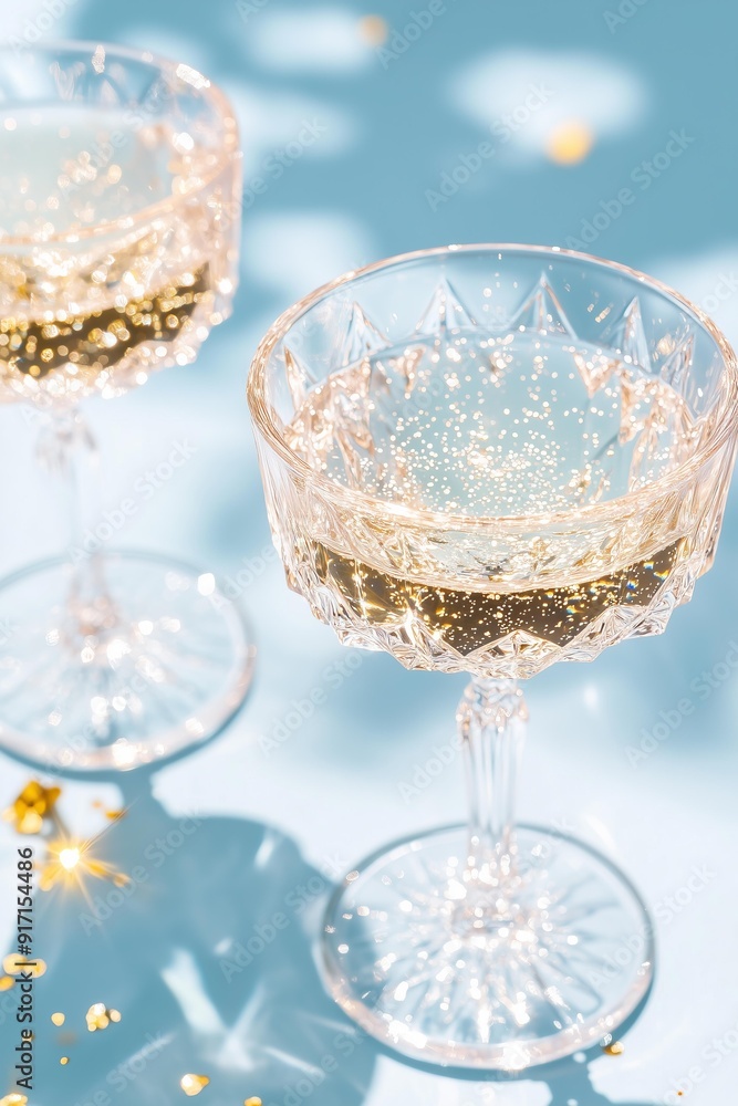 Obraz premium elegant vintage cut crystal champagne glasses filled with sparkling champagne casting intricate shadows on a pastel blue surface