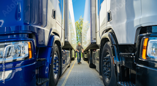 Konstfotografi Two Large Semi-Trucks Parked Closely Together in a Transportation Yard During Da