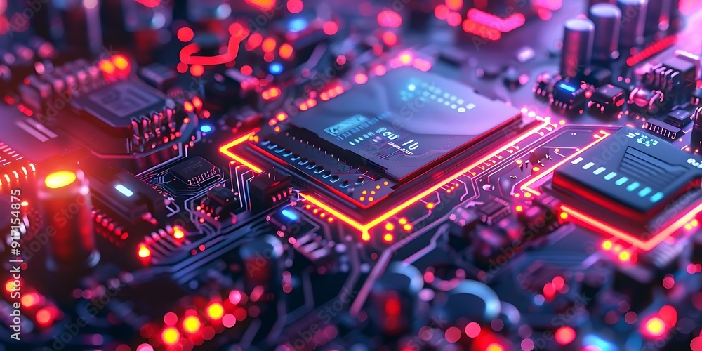 3D Illustration of a Futuristic Motherboard with Glowing Red Lines and Components 3D Illustration of a Futuristic Motherboard with Glowing Red Lines and Components