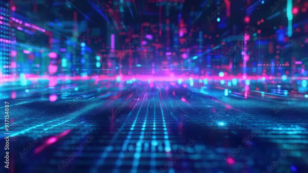 A vibrant digital landscape showcasing glowing lines and dots in blue and pink, representing technology and data flow. A vibrant digital landscape showcasing glowing lines and dots in blue and pink, representing technology and data flow.