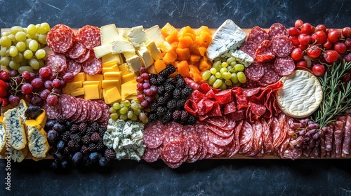 Overhead shot of a gourmet charcuterie board with cheeses, meats, and fruits