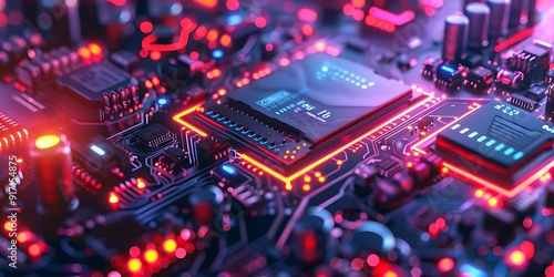 3D Illustration of a Futuristic Motherboard with Glowing Red Lines and Components