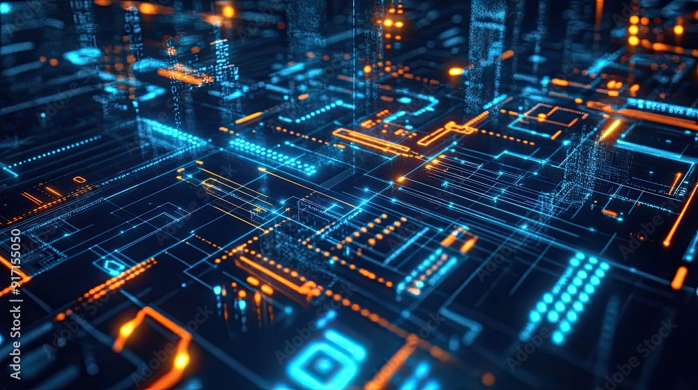 Overhead shot of a high-tech digital grid with abstract data and communication symbols Overhead shot of a high-tech digital grid with abstract data and communication symbols