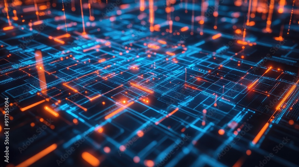 Overhead shot of a high-tech digital grid with abstract data and communication symbols Overhead shot of a high-tech digital grid with abstract data and communication symbols