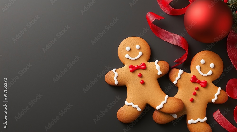 Two gingerbread men are smiling and standing next to each other on a black background. A red ribbon is tied around them Two gingerbread men are smiling and standing next to each other on a black background. A red ribbon is tied around them