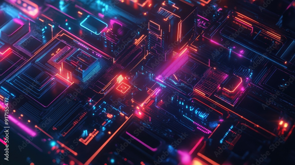 Overhead shot of a sleek tech design with vibrant abstract shapes and data flow Overhead shot of a sleek tech design with vibrant abstract shapes and data flow
