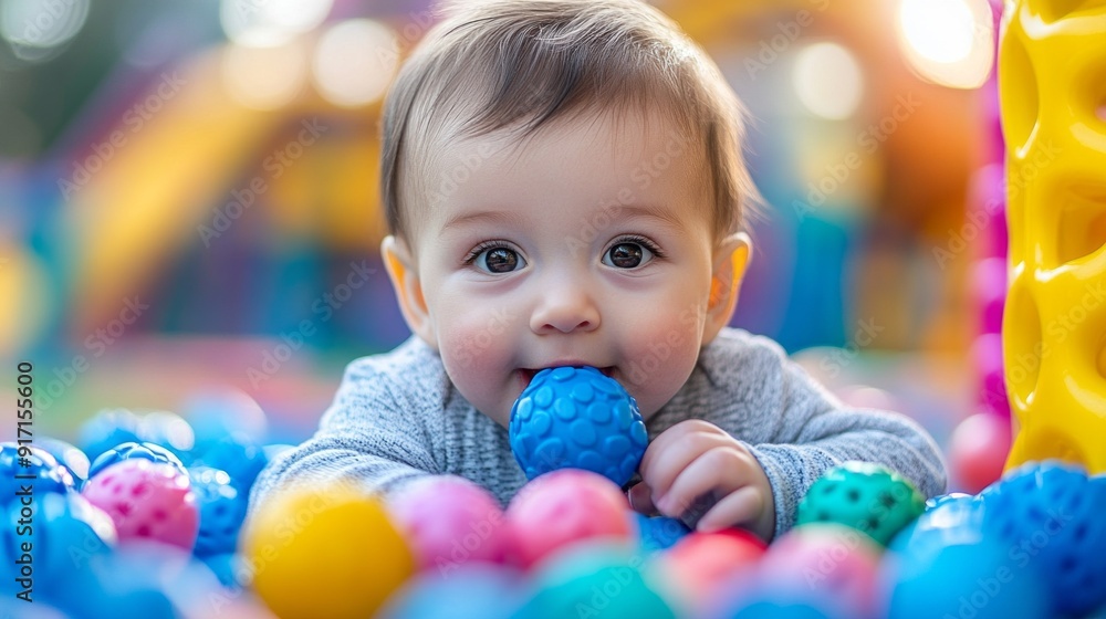 Fototapeta premium A baby is playing with a bunch of colorful balls