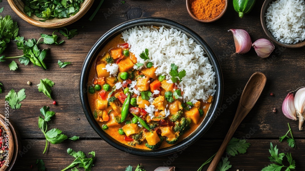 Overhead shot of a vibrant and flavorful vegetable curry with rice Overhead shot of a vibrant and flavorful vegetable curry with rice