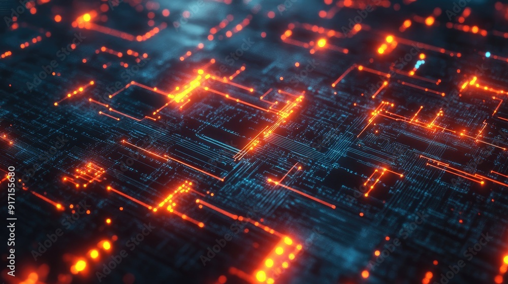 Overhead shot of an abstract digital grid with glowing circuits and communication symbols Overhead shot of an abstract digital grid with glowing circuits and communication symbols
