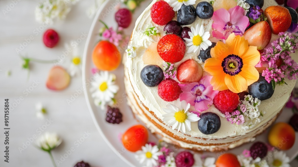 Overhead view of a beautifully decorated cake with fresh flowers and fruit Overhead view of a beautifully decorated cake with fresh flowers and fruit